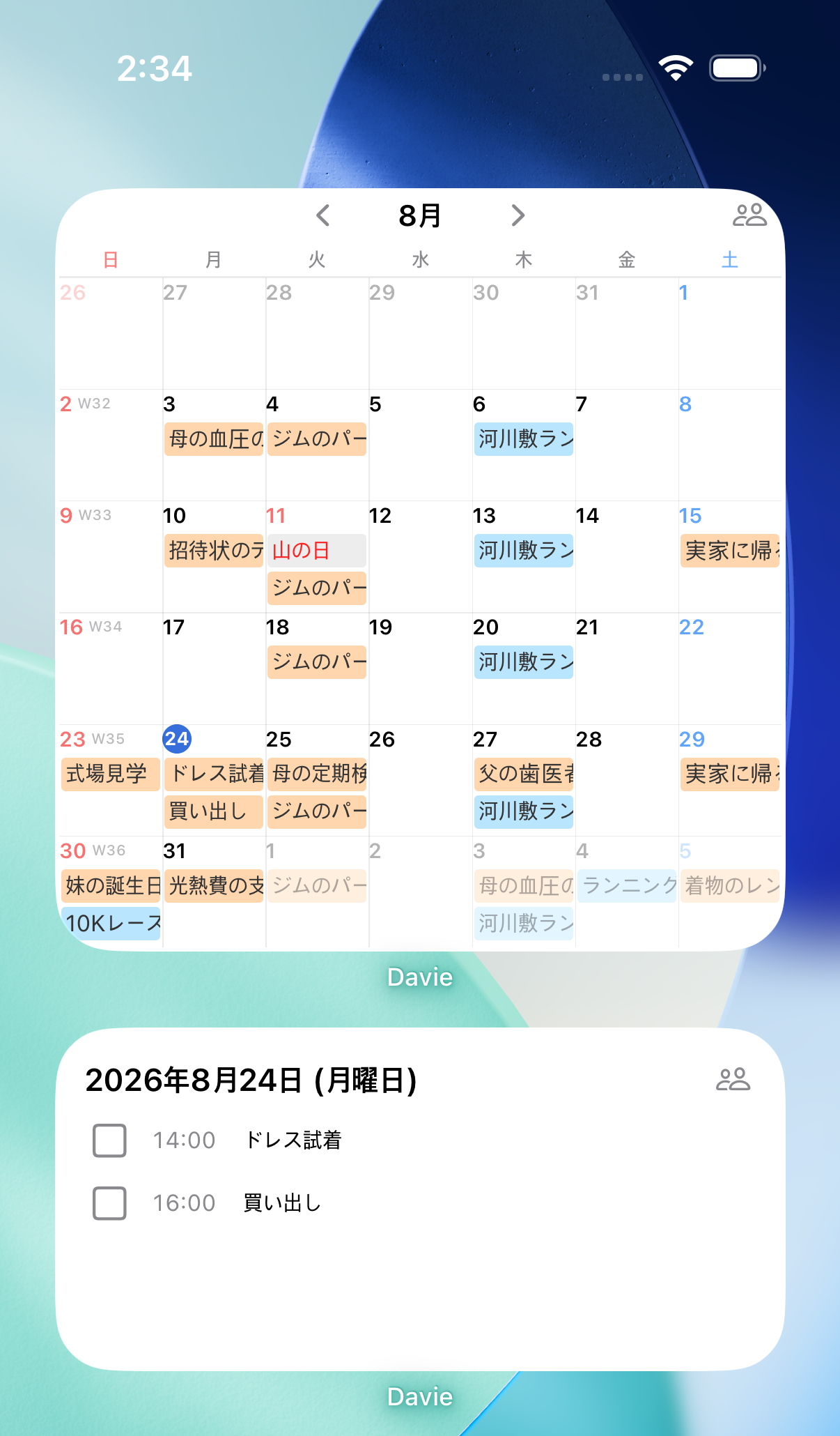ホーム画面 — 上：月間カレンダー（大）、下：今日の予定（中）