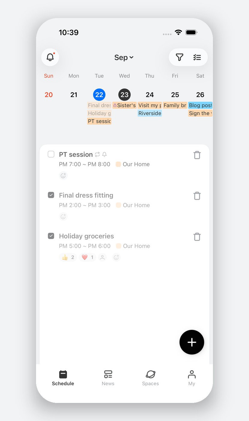 When you tap on the 22nd, it looks like this. Completed tasks are checked off, and 👍2 ❤️1 are reactions from family members.
