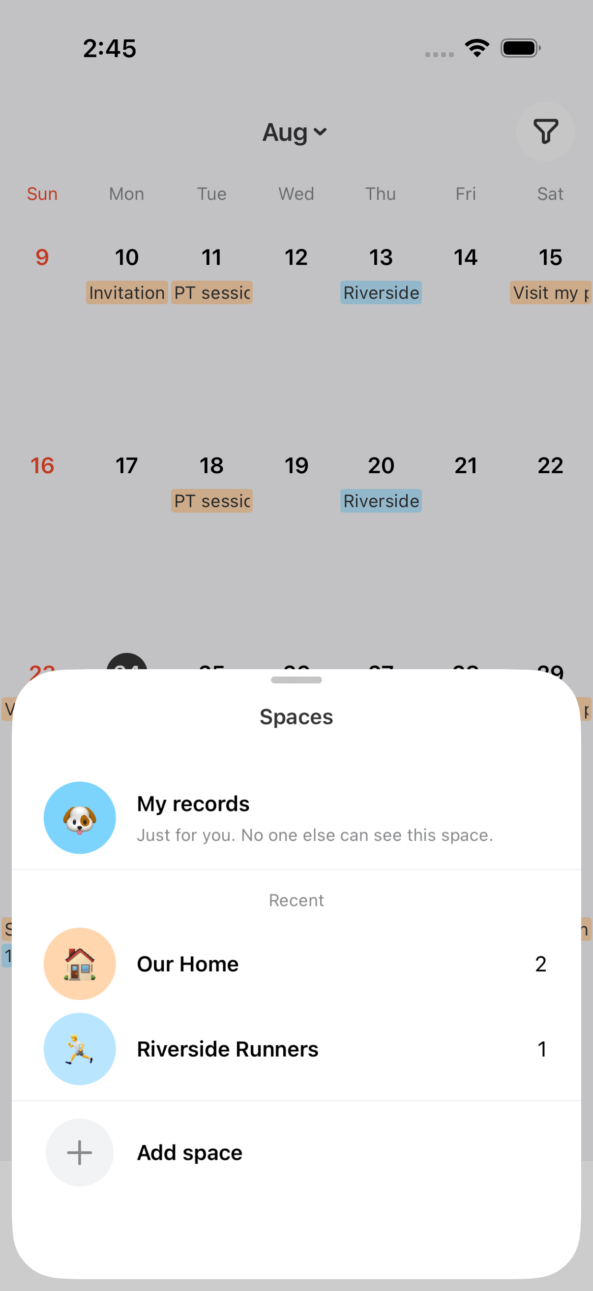 Space tab — My records / Our Home / Riverside Runners