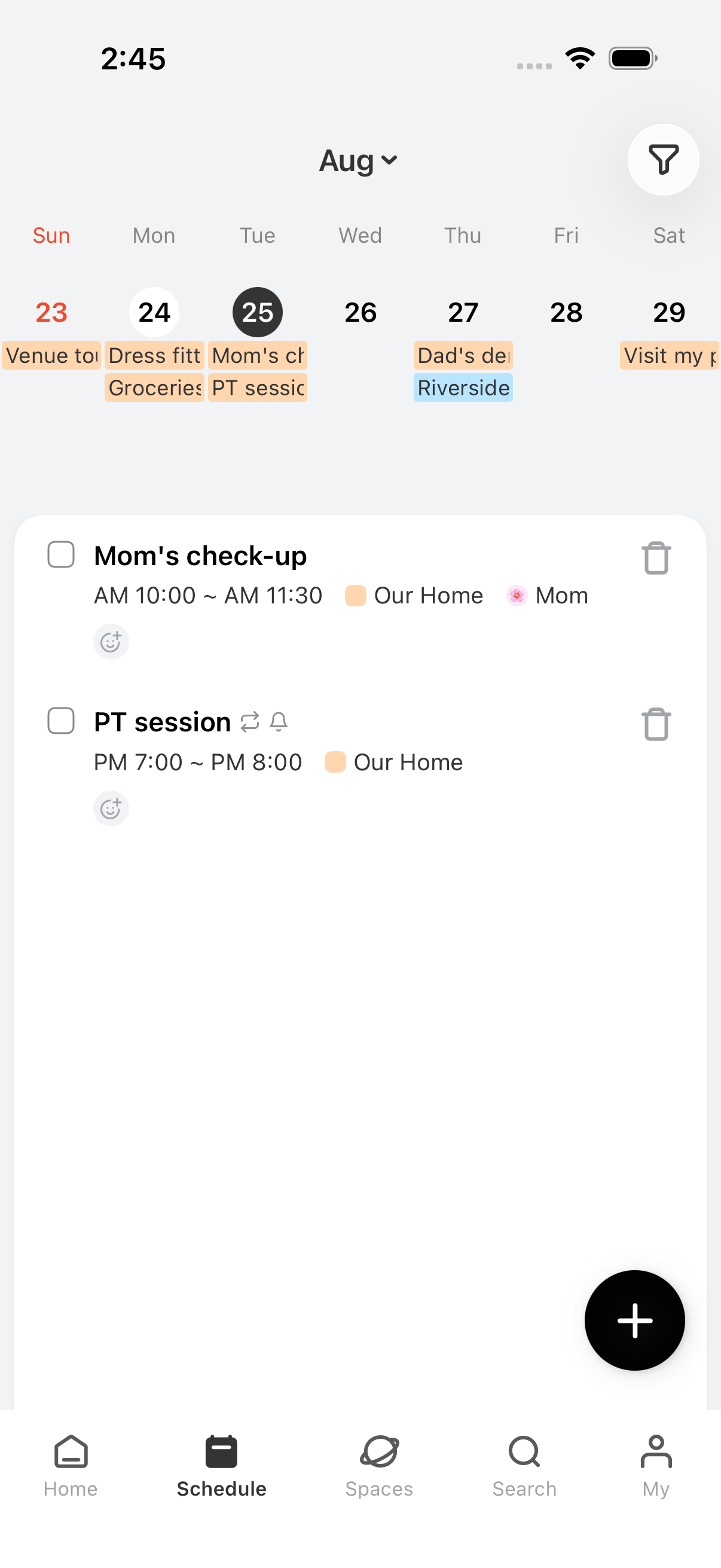 Tap a date for that day's plans — the check on the left is completion, the name is who added it
