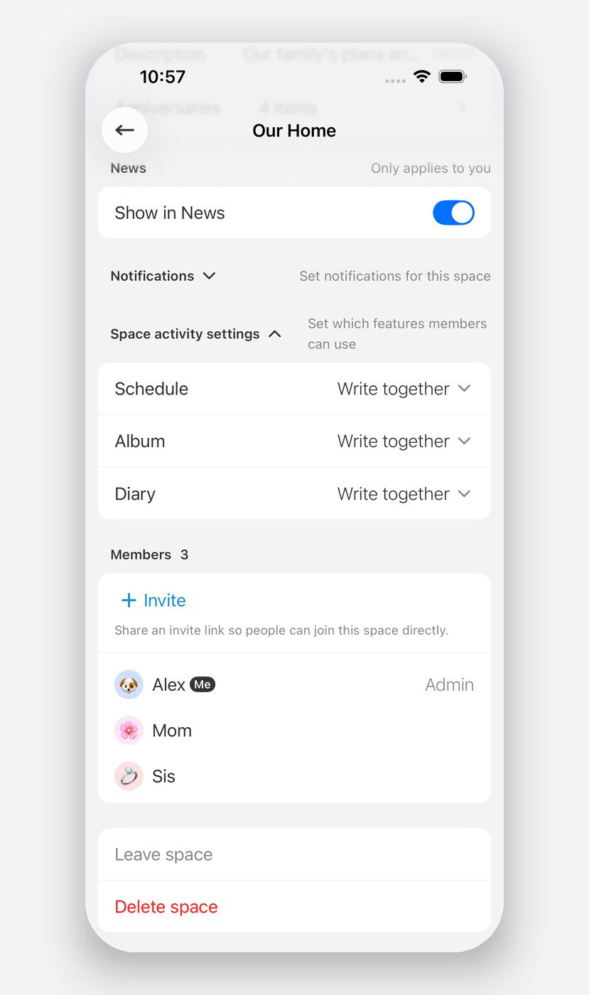 You can set separate permissions for events, photos, and posts in each space.