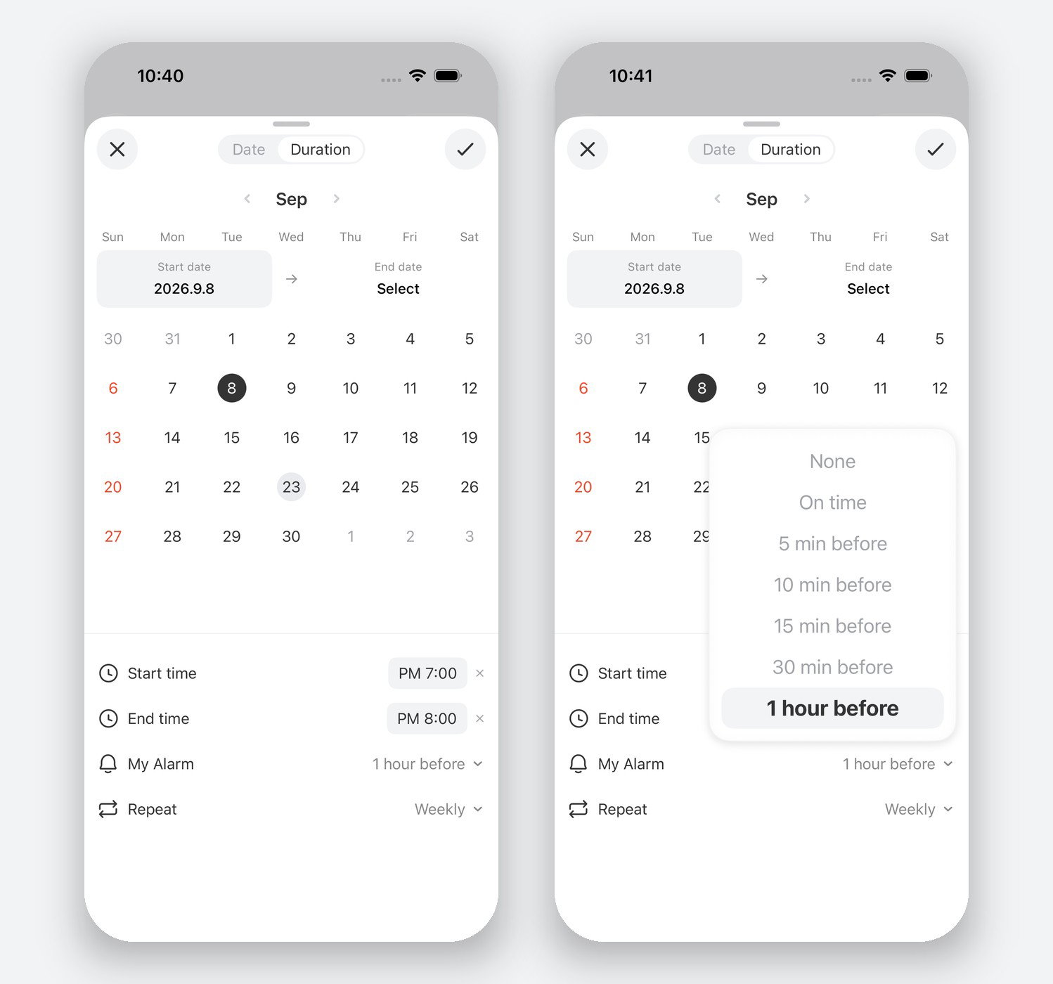 Tapping a date shows 'My Notifications' and 'Repeat'. Changing 'My Notifications' only affects your own.