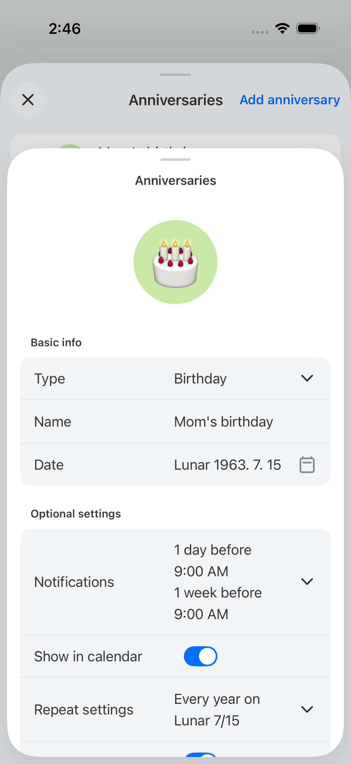 Enter a lunar date and it converts every year, with reminders a day or a week ahead