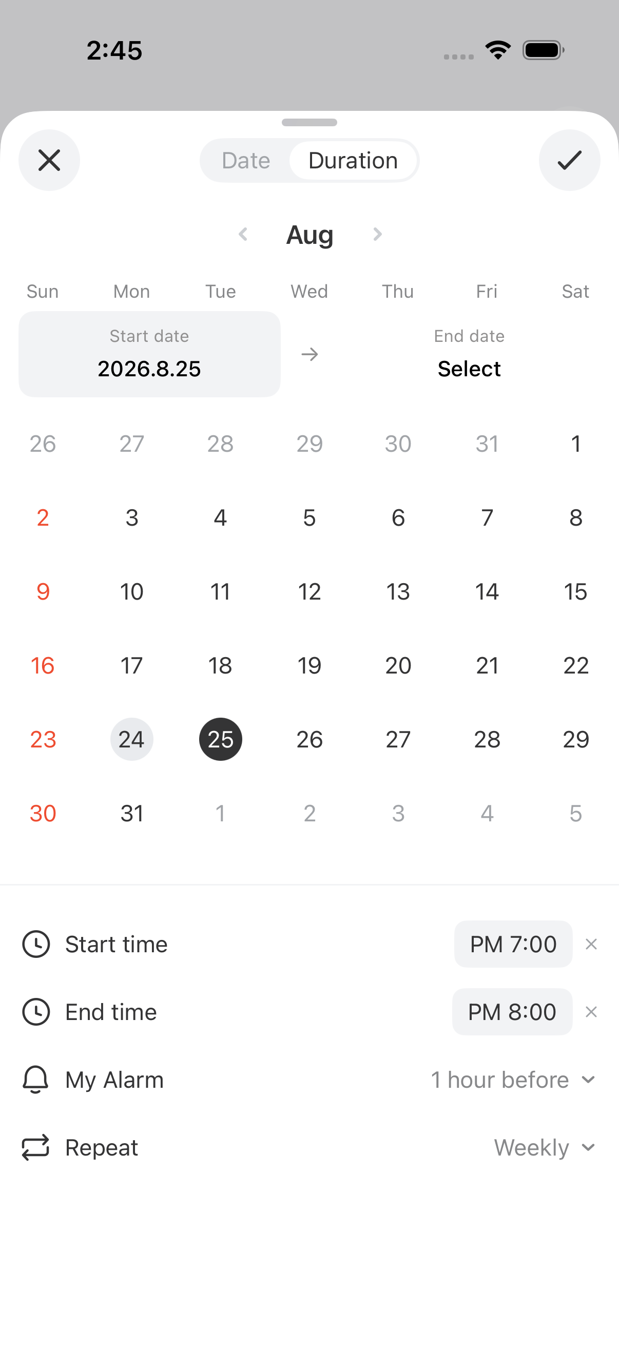 Schedule detail — "Repeat: Weekly" and "My Alarm: 1 hour before"